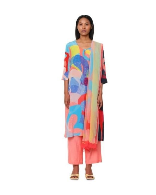 Peach Medium Crepe Printed Kurta Bottom Set for Women