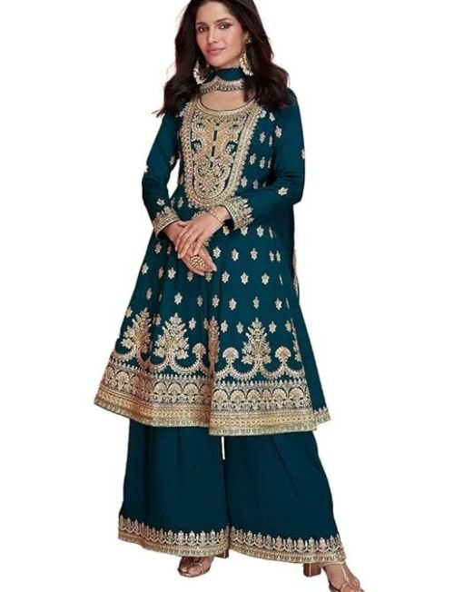 Miss Ethnik Women's Pink Vichitra Silk Stitched Top With Stitched Vichitra Silk Bottom and Vichitra silk Dupatta Full Sleeve Embroidered Straight Kurta