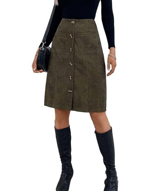 Women's High Waist Button Front Corduroy Midi Skirt Casual Skirts