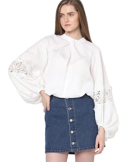 VERO MODA Tie-Up Neck Puff Sleeves Gathered Lace Detail Top