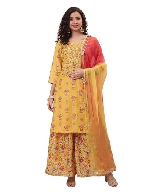 Rangriti Women Polyester Printed Yellow Suit Set