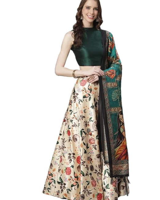 Texo Fab Women's Digital Printed Zari Satin Silk Semi stitched Lehenga Choli With Art Silk Dupartta