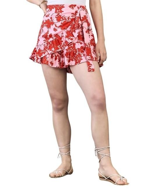 Women Floral Printed High-Rise Waist Tie-Up Ruffled Wrap Mini Skirts