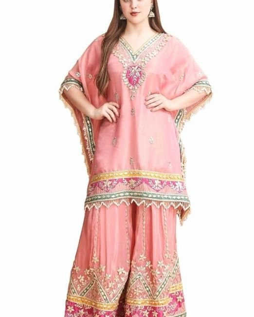 Traditional Embroidered Kaftan Palazzo Set, Pink, V-Neck with Fringe Details, Floral Embellished