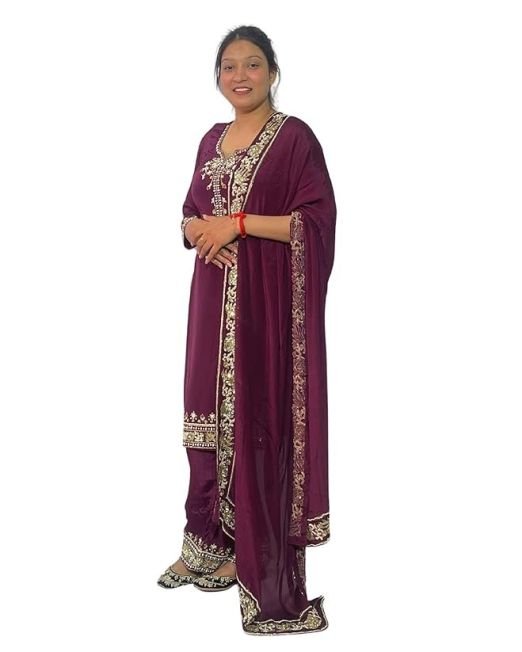 Women Embroidered Salwar Suit Set | Salwar Suit Fully Hand Work Embroidered | Punjabi Suit with Dupatta Set, Crepe with Polester Blend Fabric | Ethnic Wear & Stylish Suits | Maroon Color