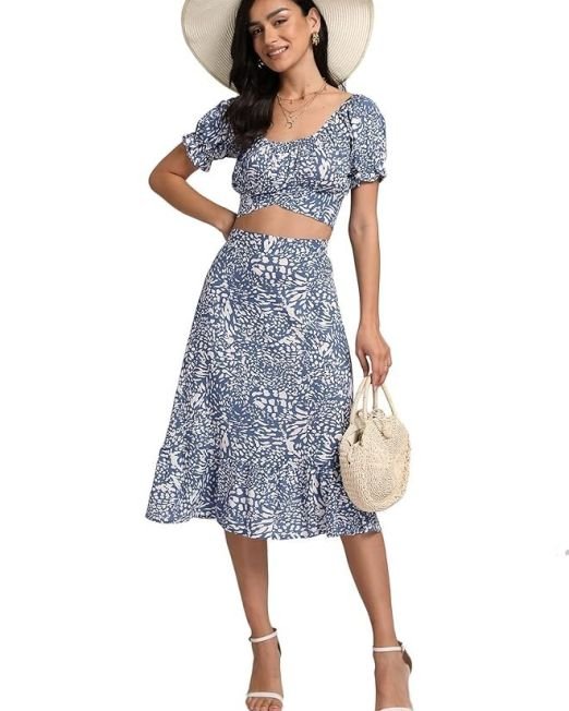 Women's 2 Piece Outfits Floral Self Tie Knot Crop Top and Midi Skirt Set, 2#blue, Small