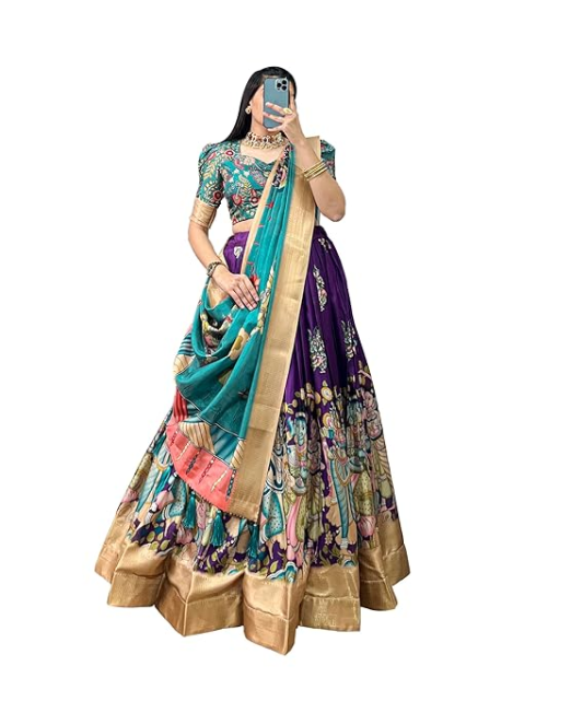 Book Art Women's Dola Silk With Kalamkari Print Lehnega Choli Set