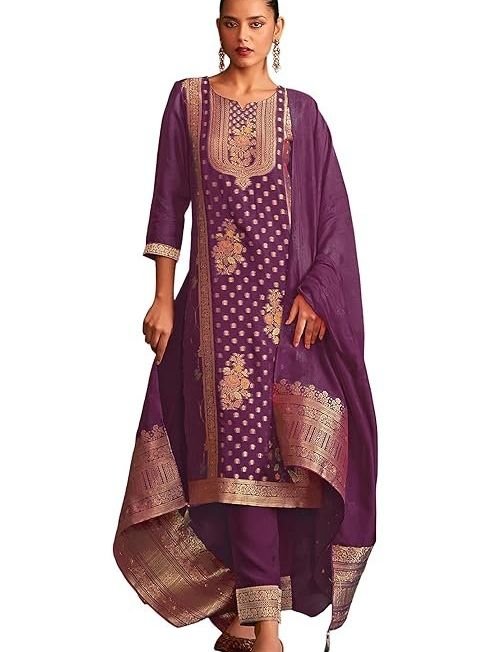 Janasya Women's Organza Jacquard Straight Kurta Set