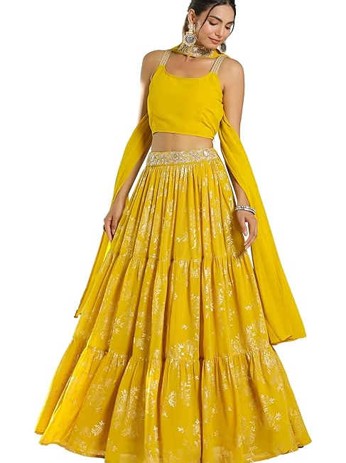 Janasya Womens Georgette Readymade Embellished Foil Printed Tiered Ready To Wear Lehenga Choli Set