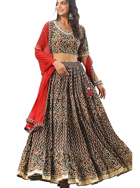 Janasya Womens Pure Cotton Readymade Batik Printed Tiered Ready to Wear Lehenga Choli Set