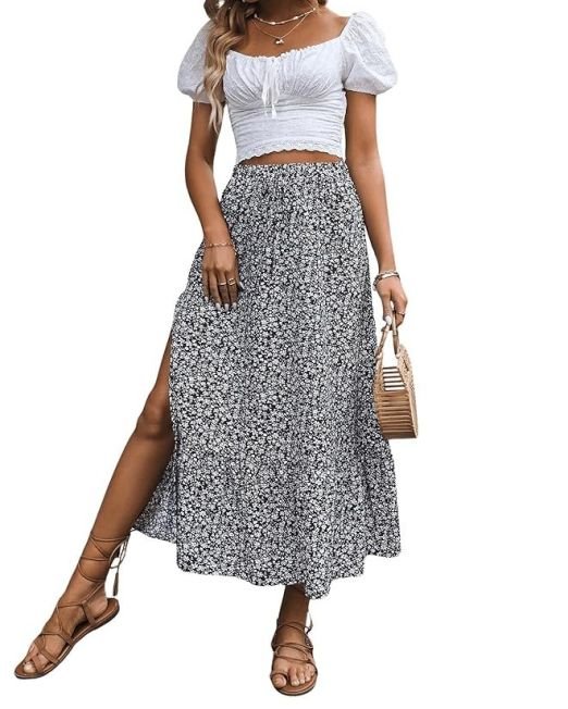 Rocks Women's Casual High Waist Floral Print Skirt Split Thigh A Line Maxi Skirts