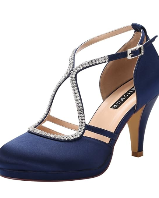 ERIJUNOR Women Comfort Low Heel Closed-Toe Ankle Strap Platform Satin Bridal Wedding Shoes