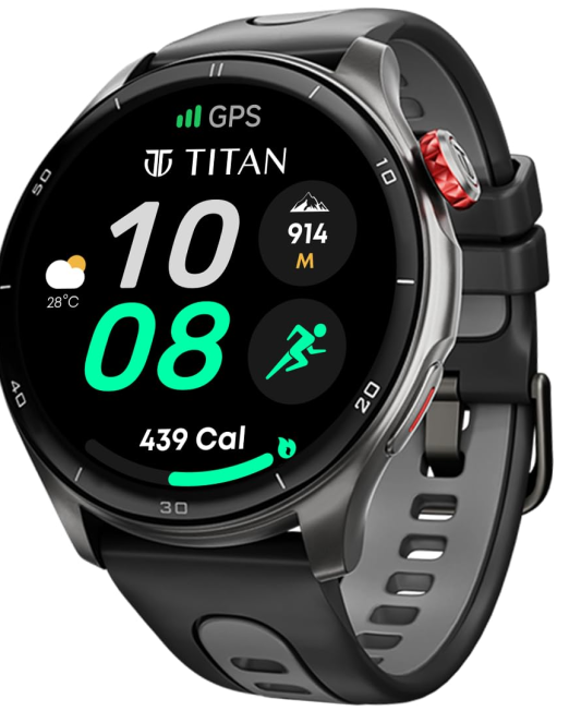Titan Celestor 1.43" AMOLED Smart Watch with Built-in GPS, Advanced Health Intelligence, AI Voice Assistant, Aluminium Case, 100+ Sports Modes, Water Resistance – Smartwatch for Men & Women (Black)