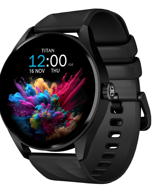 Titan Crest 1.43” AMOLED Smart Watch with BT Calling, AI Morning Briefs, Functional Crown, Health Tracking, Aluminium Body, 100+ Sports Modes, Smartwatch for Men and Women - Black Silicone Strap