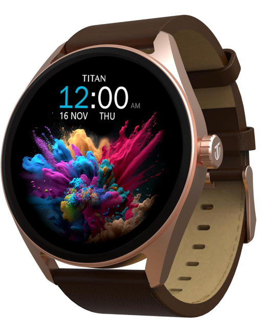 Titan Crest 1.43” AMOLED Smart Watch for Productivity with BT Calling, AI Morning Briefs, Functional Crown, Health Tracking, Aluminium Body, 100+ Sports Modes, Smartwatch for Men and Women - (Brown)