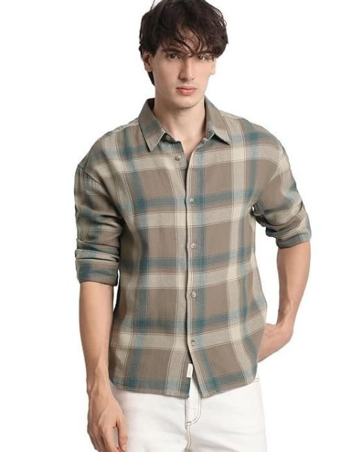 THE BEAR HOUSE Men's Brown Checked Relaxed Fit Cotton Casual Shirt