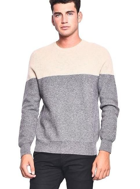 3VERY Men's Women's Unisex 100% Cashmere Cozy 2-Tone Round Neck